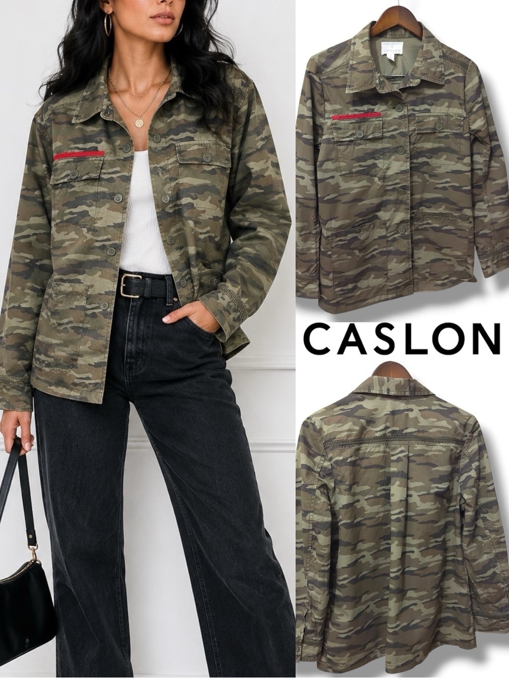 Caslon | EUC 100% Cotton Olive/Tan Camo Utility Military Safari Jacket (M)